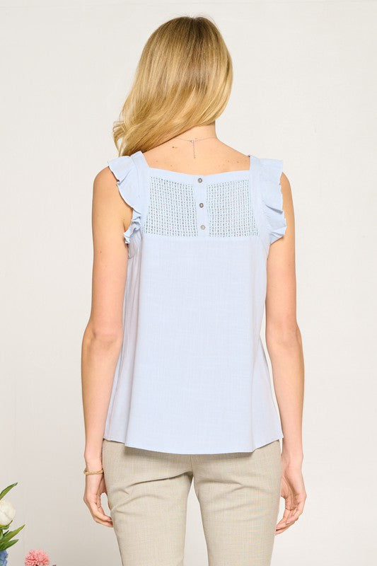 Doe and Rae Sheer Mesh Yoke Flutter Sleeve Linen Top
