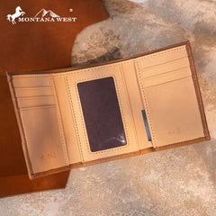 Montana West Genuine Leather Tooled Tri-Fold RFID Wallet - Tan
