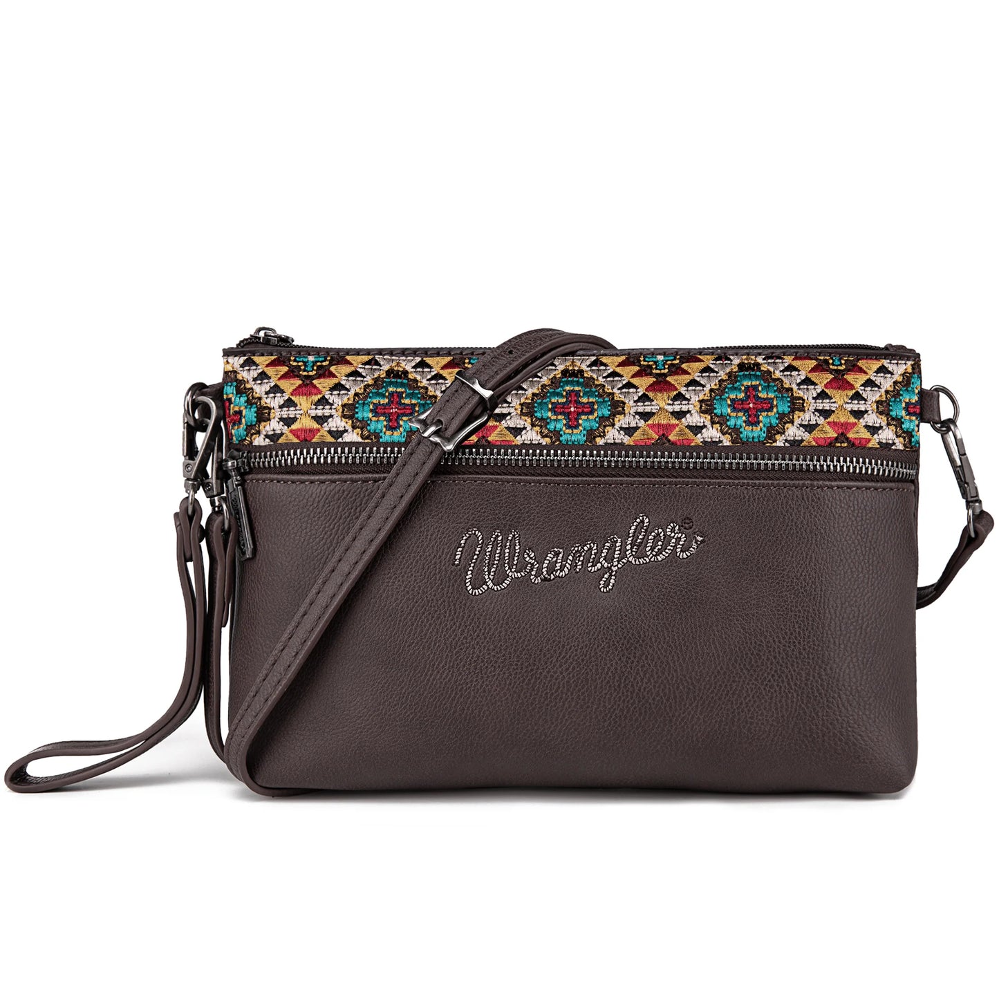 Montana West Wrangler Aztec Embroidered Collection Crossbody Bag - Coffee - WG51-181