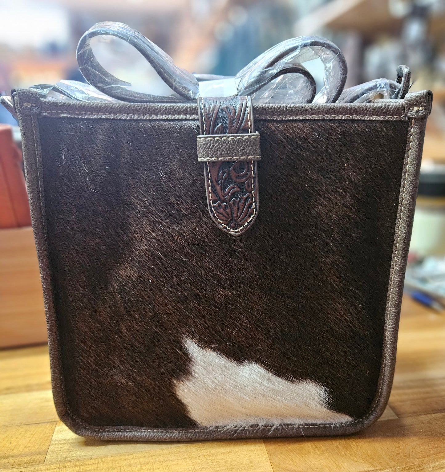 Trinity Ranch Hair-On Cowhide Vintage Floral Tooled Handbag with Adjustable Strap - TR157918CF