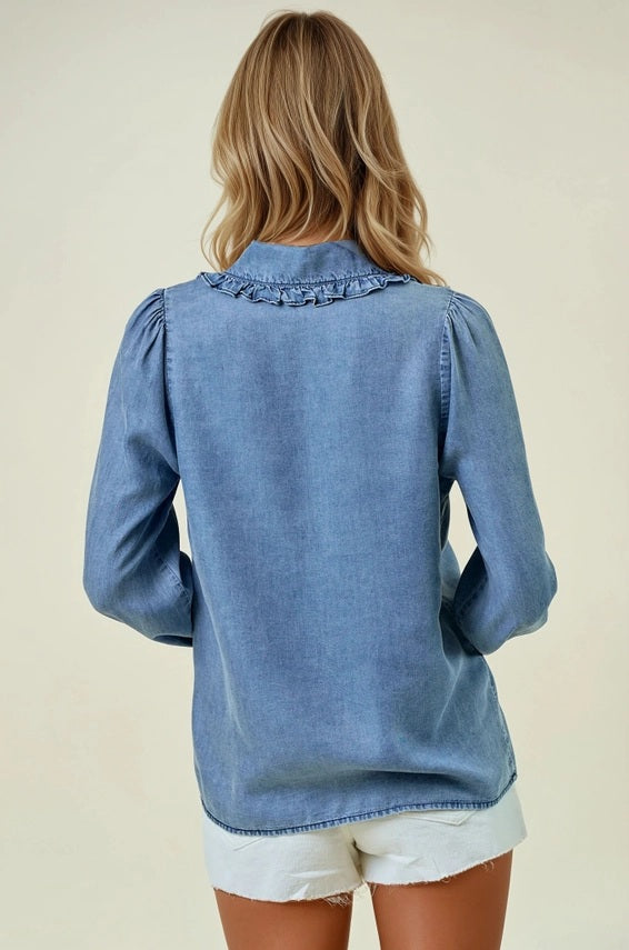 Doe and Rae Tencel Denim Long Sleeve Button Down Shirt Blouse