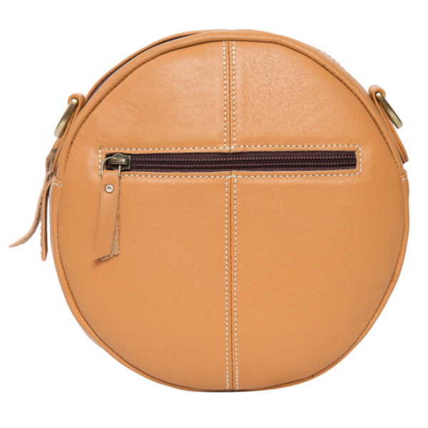 The Design Edge Ladies Jamaica Tooling Leather Round Cowhide Bag - Tan/White - AB08