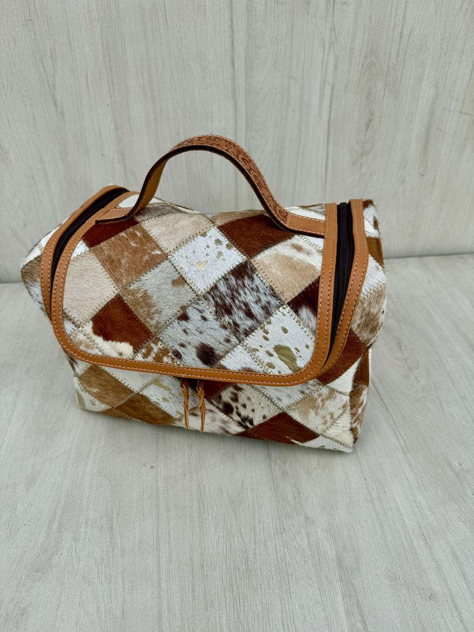 The Design Edge Patchwork Cowhide and Tooling Leather Toiletries Bag - Tan and White