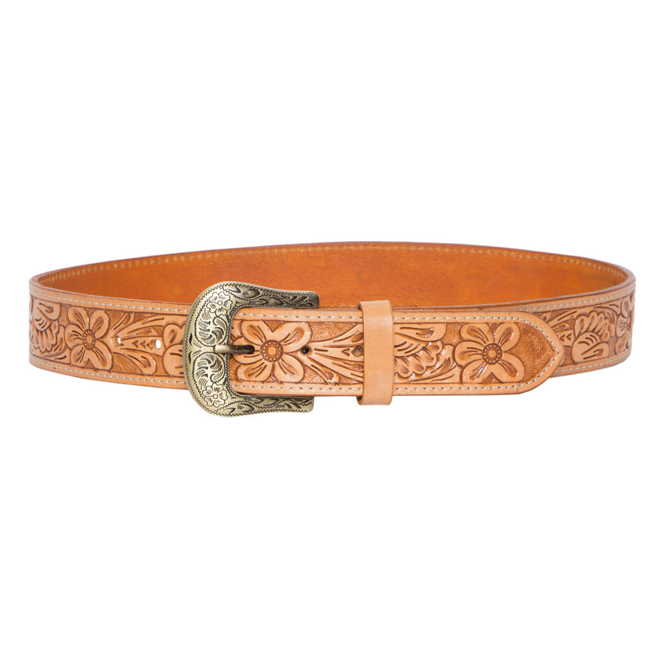 The Design Edge Ladies Tooling Leather Belt with Removable Buckle - Tan - Belt 07