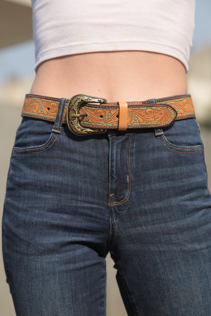 The Design Edge Ladies Tooling Leather Belt with Removable Buckle and Turq Paint Highlight- Belt08
