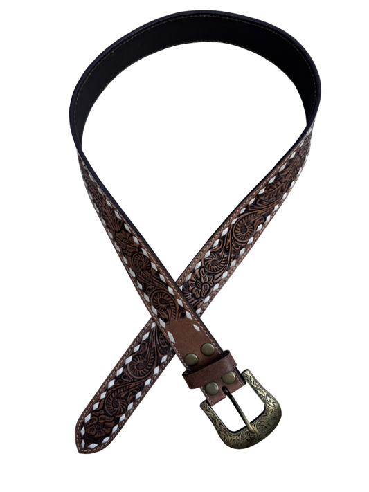 The Design Edge Ladies Buck Stitch Tooling Leather Belt with Removable Buckle - Brown Belt11
