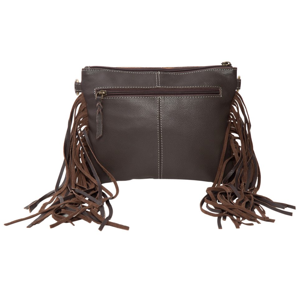 The Design Edge Curico Tooling Leather Cowhide Clutch Bag with Fringes - Brown and White – AB70
