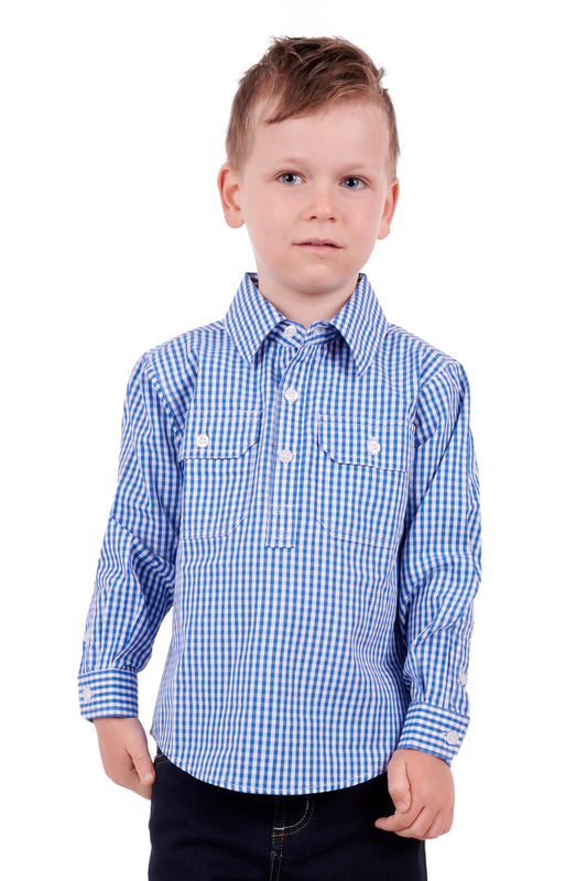 Hard Slog Kids Devin Half Placket L/S Shirt - Blue/White - H3S7101181