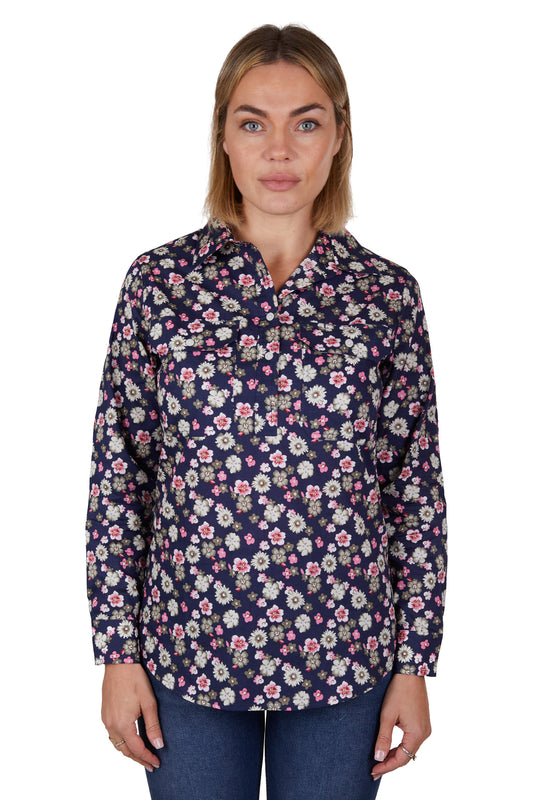 Hard Slog Ladies Rose Half Placket L/S Shirt - Navy - H4W2101176
