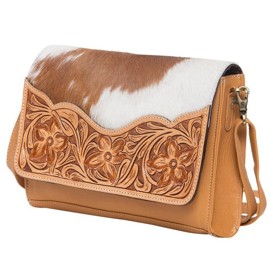 The Design Edge Tooling Leather Rectangular Flap Bag – AB09 – Valencia - Tan and White