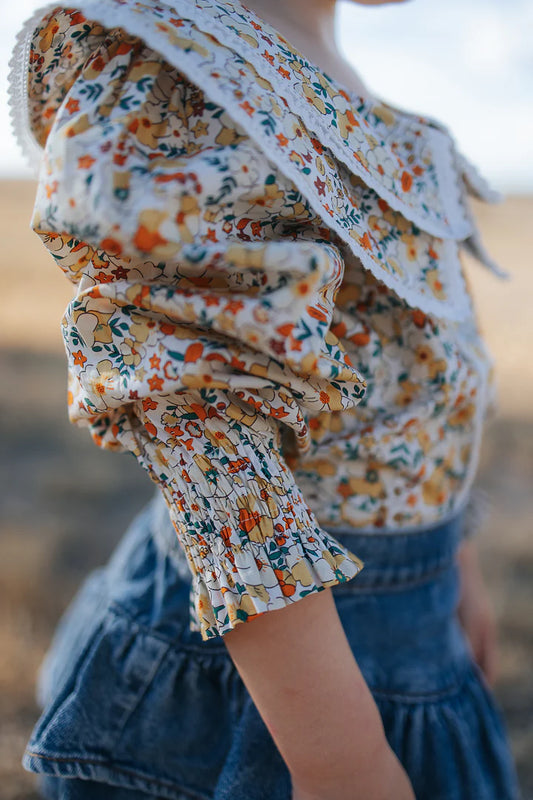 Little Windmill Elsie Girls Butter Yellow Floral L/S Blouse