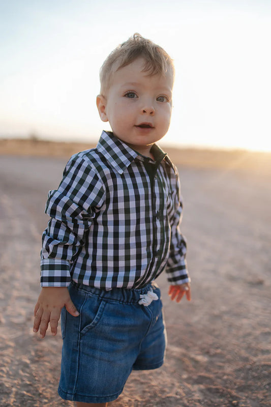 Little Windmill Cody Green and Navy Gingham L/S Romper