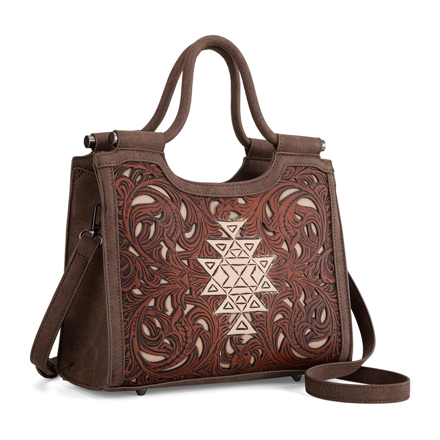 Trinity Ranch Floral Aztec Tooled Carry Tote/Crossbody Bag - Coffee