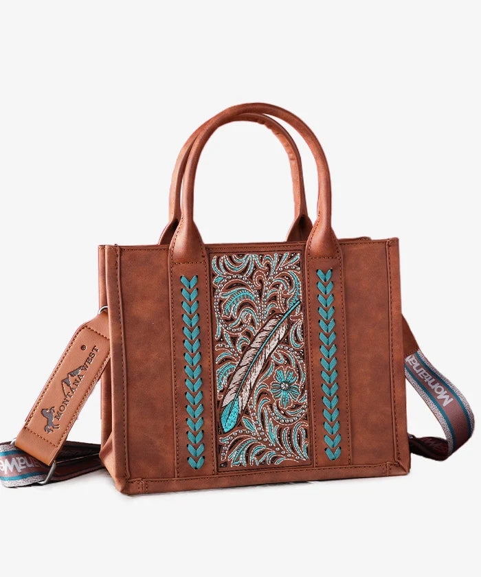 Montana West Embroidered Feather Tote/Crossbody - Brown - MWF10228120S