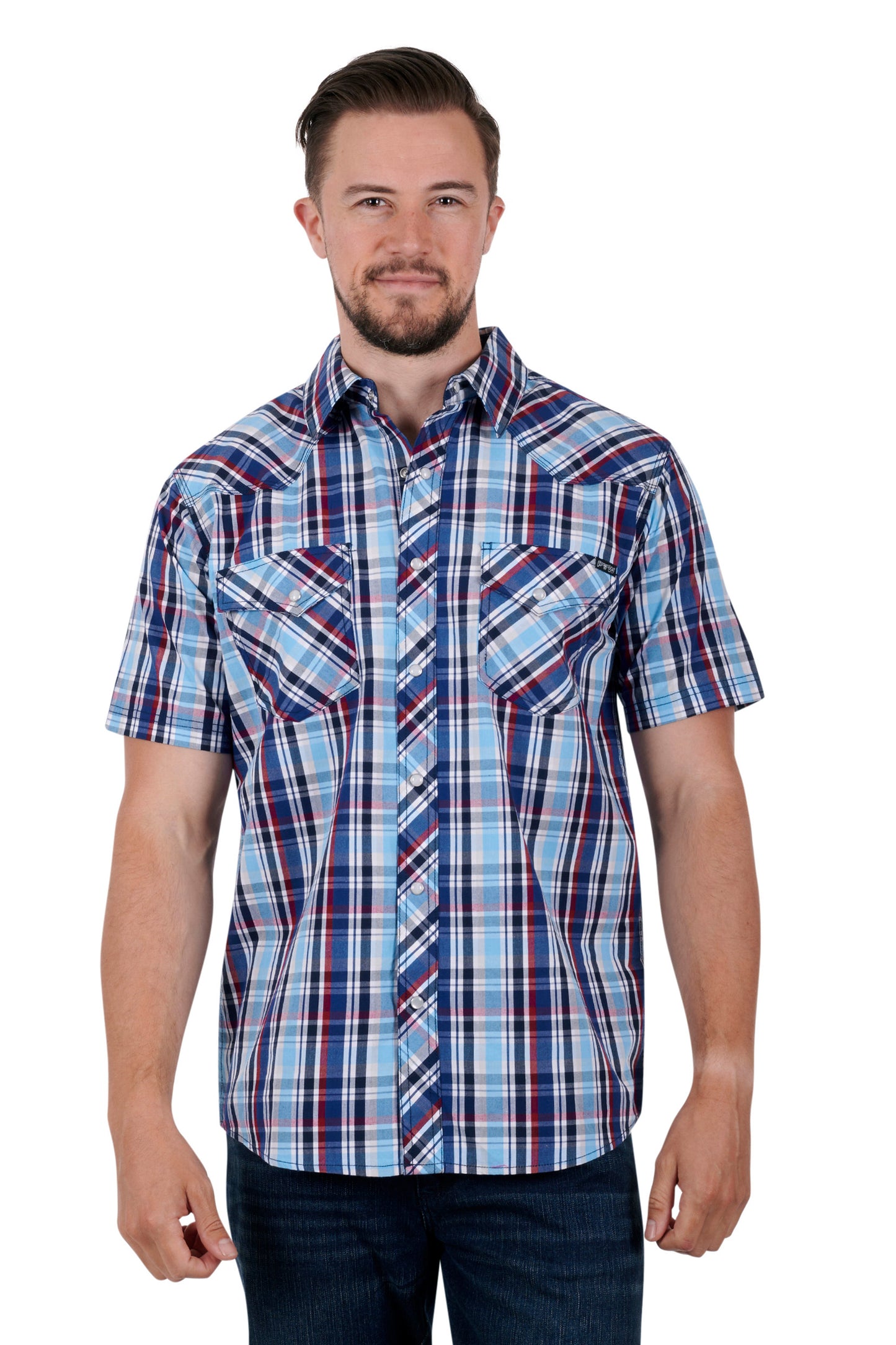Pure Western Mens Logan S/S Shirt - Navy/Red - P3S1102754