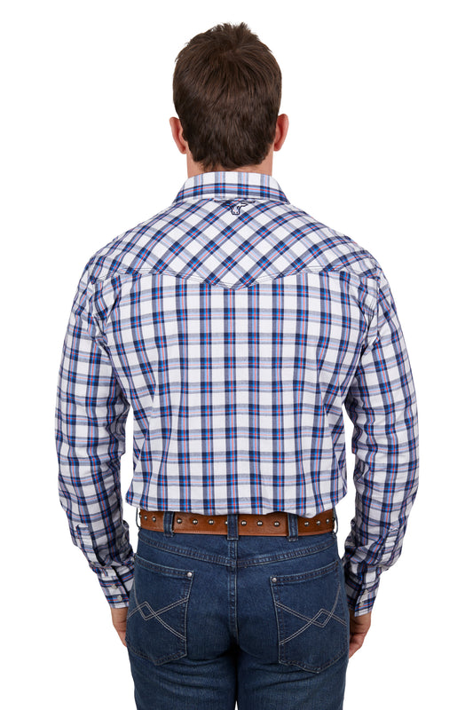 Pure Western Mens Alec Check Western L/S Shirt - Navy/White/Red