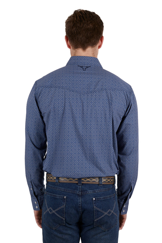 Pure Western Mens Melville Print Western L/S Shirt - Navy/White