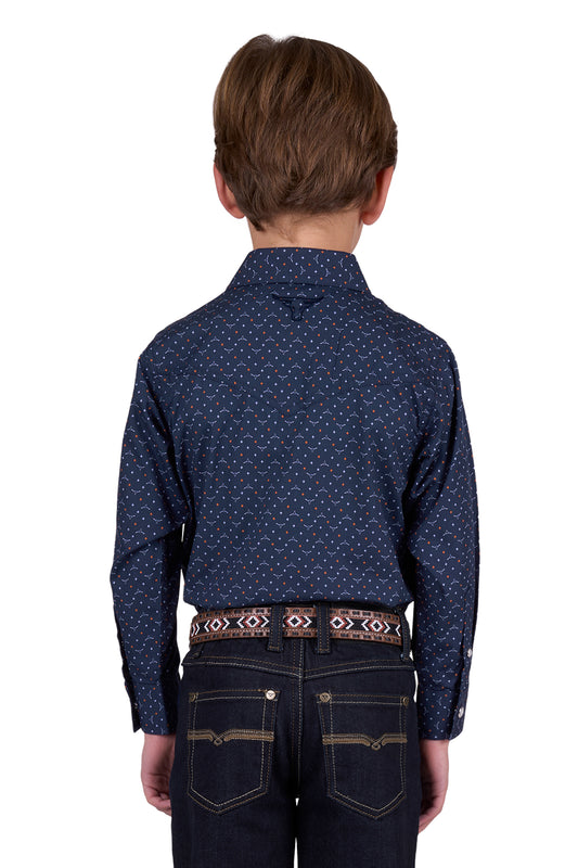 Pure Western Boys Ross Print Western L/S Shirt - Navy