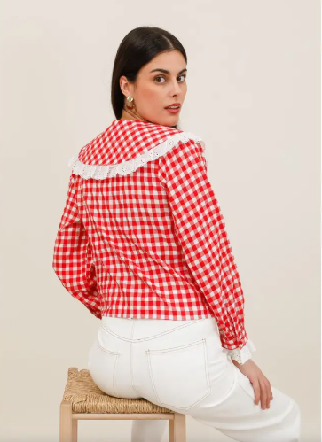 Ladies L/S Gingham Blouse with Large Lace Collar - 6081