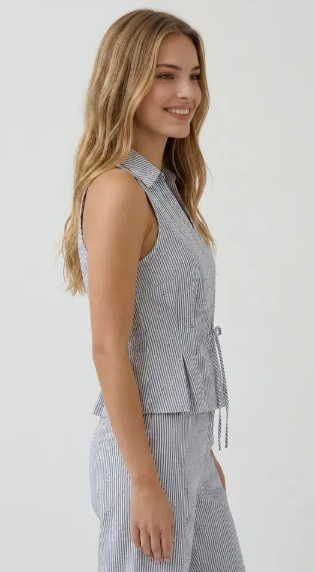 Ladies Textured Stripe Linen Collared Tank Top - Blue - 45774T