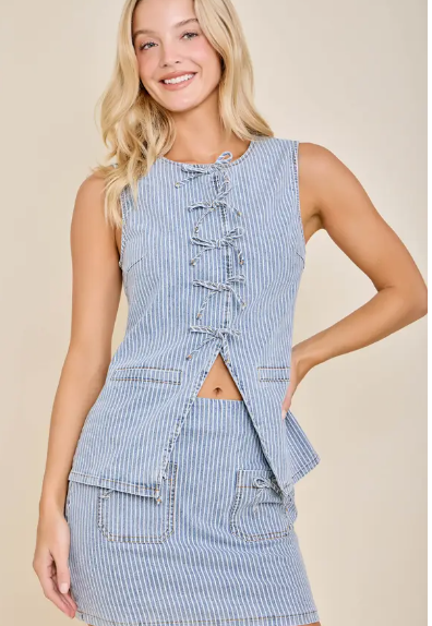 Ladies Pinstripe Utility Lace-Up Vest Top - Denim Stripe