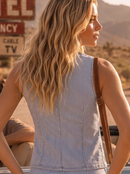 Ladies Pinstripe Utility Lace-Up Vest Top - Denim Stripe