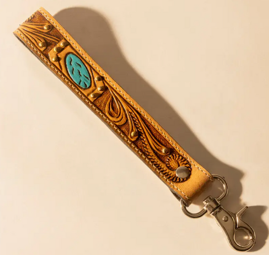 Wildhue Western Key Fob in Light Brown with Turquoise Stone Handtooled Detail