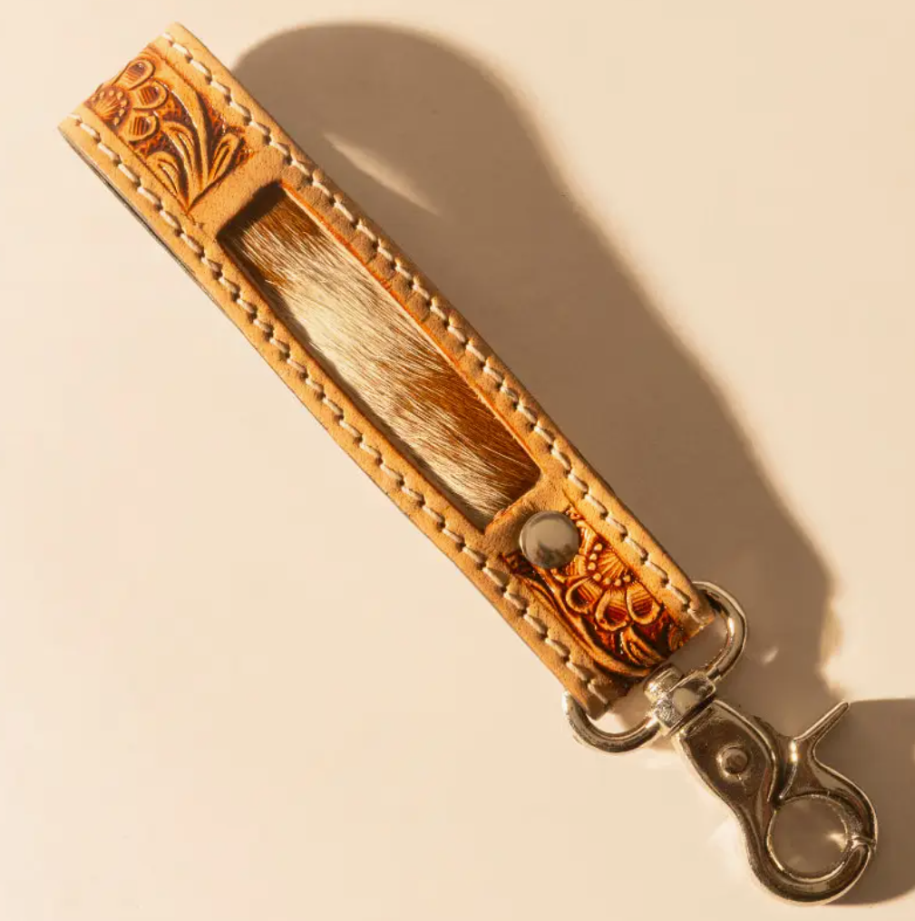 Hide Inlay Western Key Fob in Creme with Floral Detail