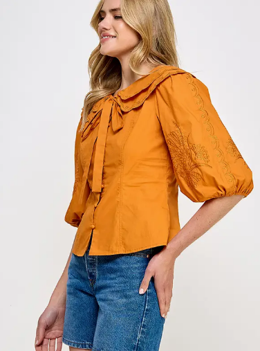 Caramel Solid Embroidered Collared Blouse