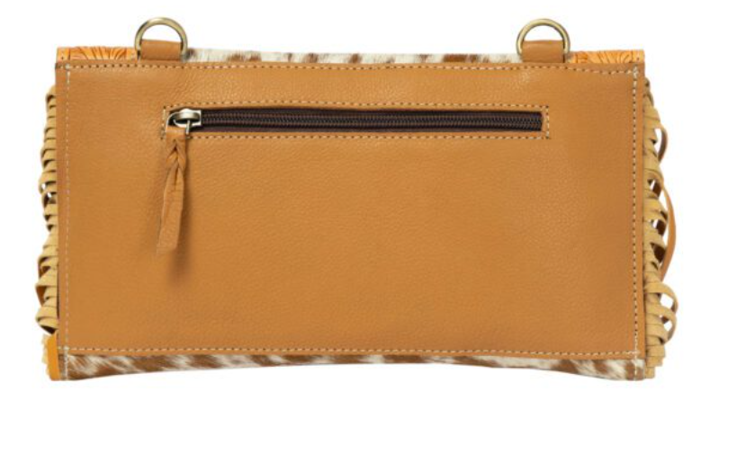 The Design Edge Maraba – Tan & White Cowhide Tooling Leather Clutch Bag with Fringes