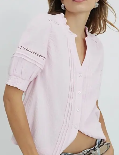 Pin-Tuck Detailing Lace Trim Inset Blouse - Blush - VT60790