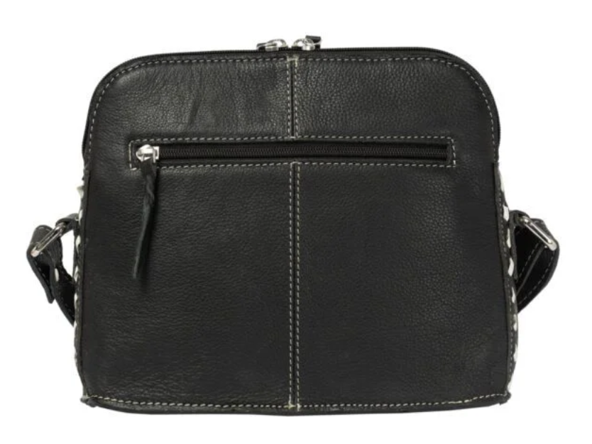 The Design Edge Frontera – Black & White Cowhide Sunflower Tooling Leather Sling Bag