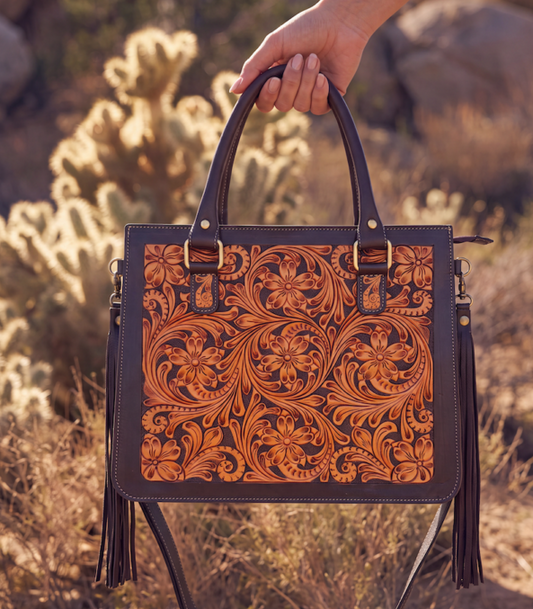 The Design Edge Carmen – Two Tone Hand Tooled Leather Tote Bag