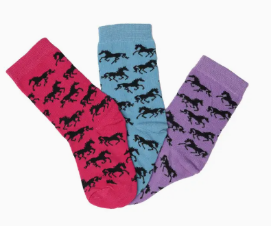 Youth "Lila" Galloping Horses Crew Socks- 3 Pack