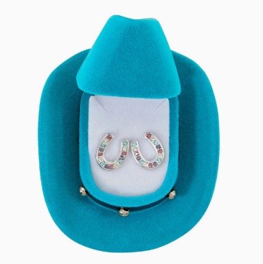 Horseshoes Earrings W/Colourful Cowboy Hat Box - Multi