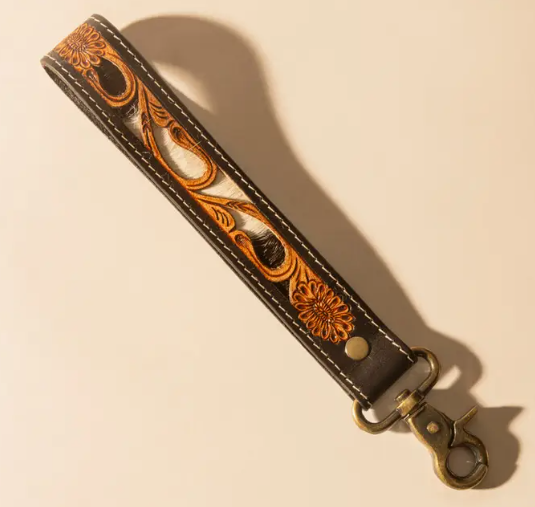 Wildvine Pony Western Hand tooled Key Fob in Black with Hairon Detail