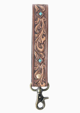 Spirit Stone Hand tooled Leather Key fob in Mahogany Brown