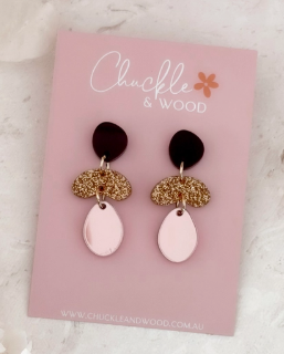 Brittany Earrings - Chocolate Brown + Honey Glitter + Baby Pink Mirror