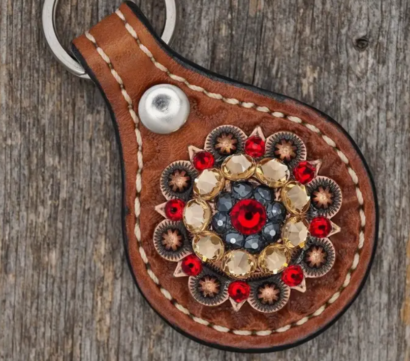 Medium Oil Key Chain with Red European Crystal Concho