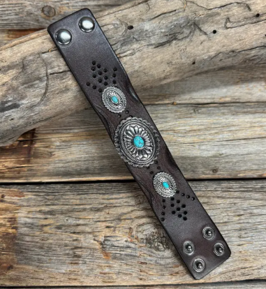 Antique Silver and Turquoise Leather Bracelet