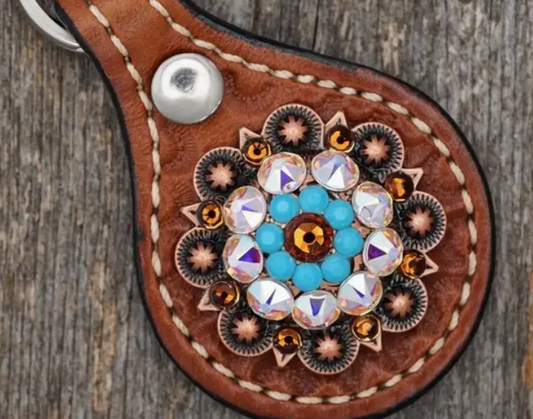 Medium Oil Key Chain with Turquoise European Crystal Concho
