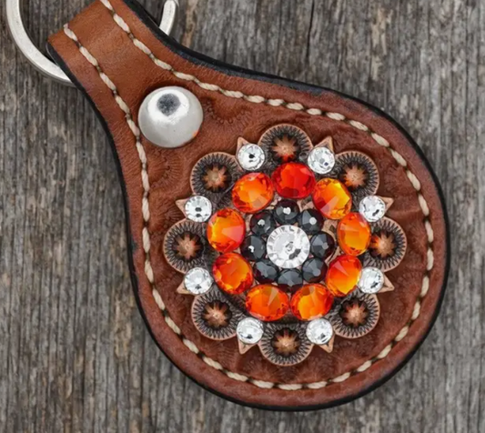 Medium Oil Key Chain with Orange and Jet European Crystal Concho