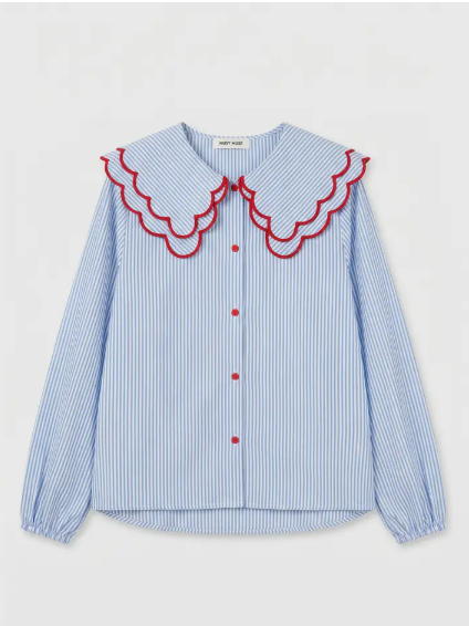Ladies Cotton Blouse Double Collar - Blue Stripe