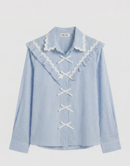 Ladies Cotton Blue/White Stripe with White Bow Ties