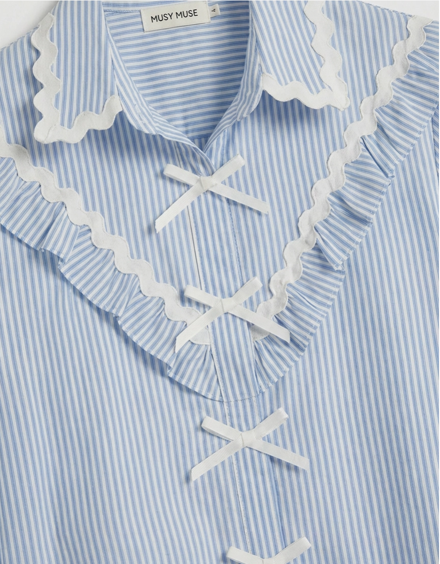 Ladies Cotton Blue/White Stripe with White Bow Ties