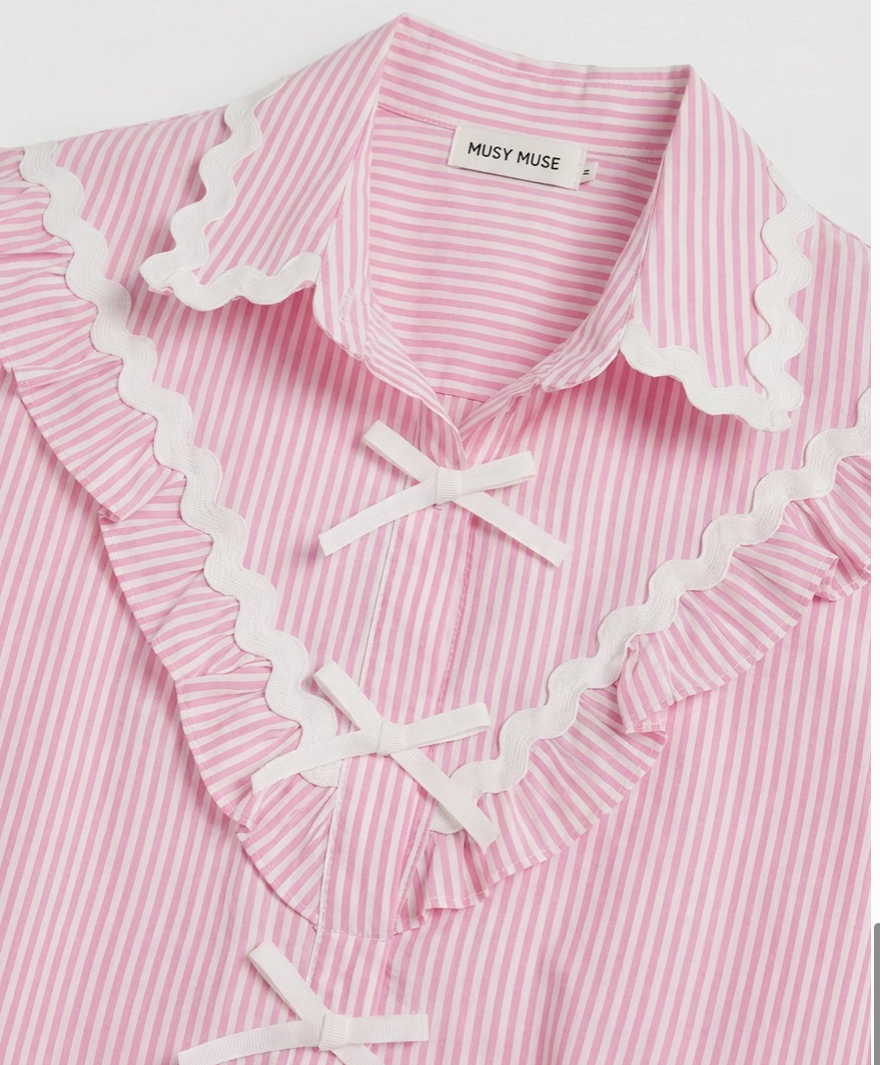 Ladies Cotton Pink/White Stripe Shirt with White Bow Ties