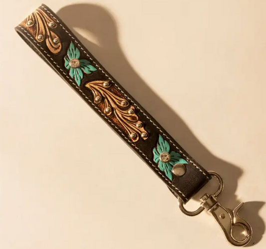 Wildhue Western Key Fob in Black with Turquoise Floral Hand tooled Detail