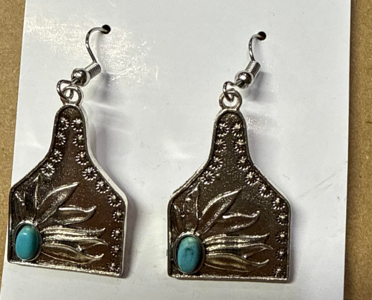 Turquoise Cow Tag Shape with Turquoise Stone Earrings