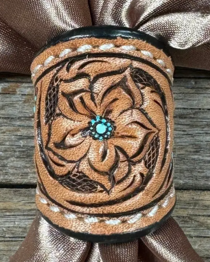 Floral and Teal Dot Leather Wild Rag Slide - LS291