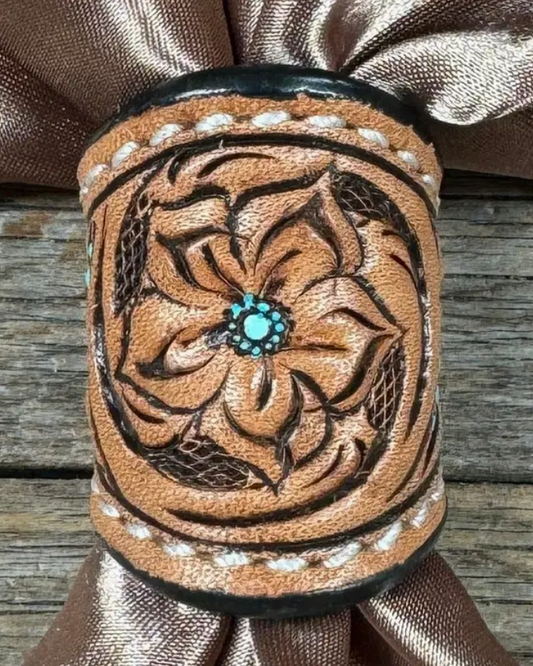 Floral and Teal Dot Leather Wild Rag Slide - LS291